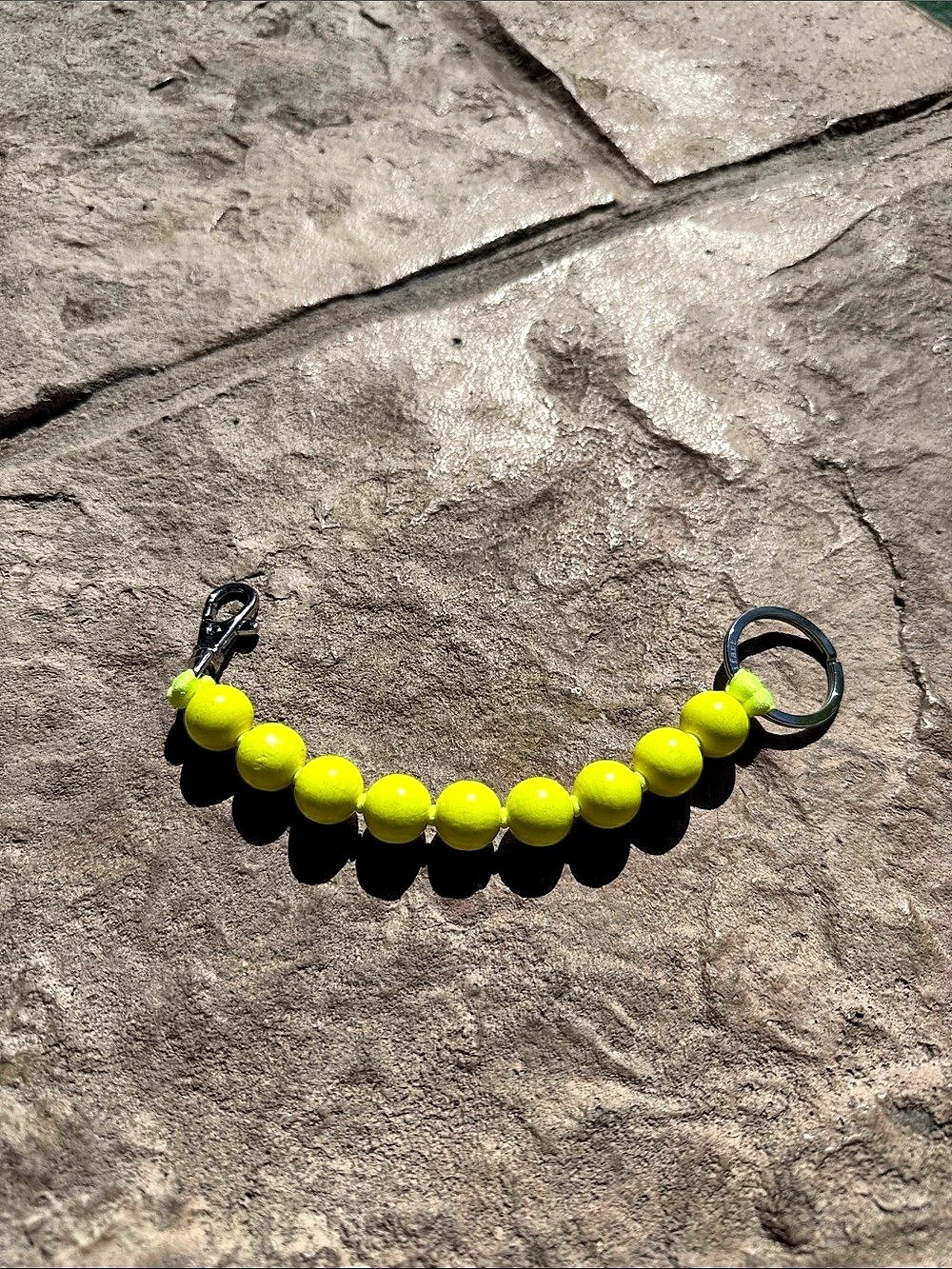Beaded Keychain in neon yellow & Black Like New- wooden beads